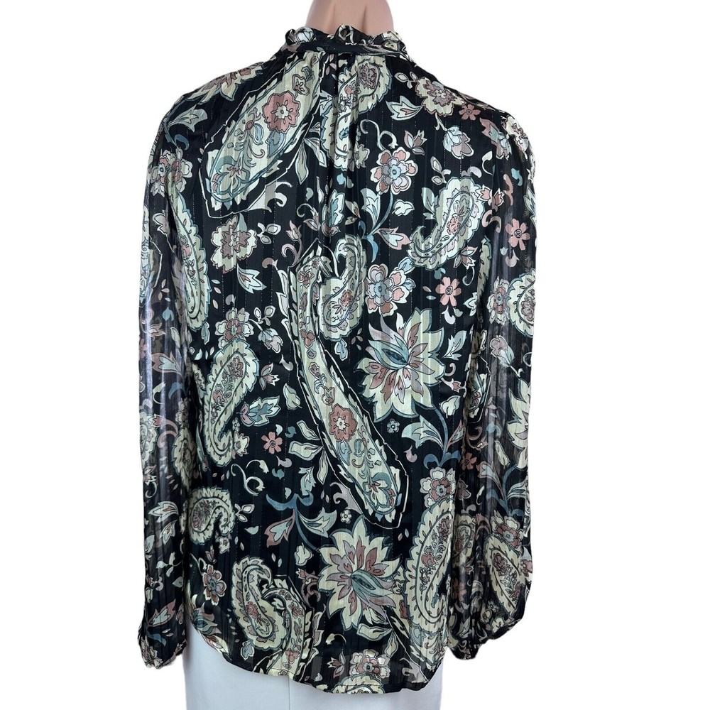 Tamara H. Sz S/P Blouse Ruffled Neckline Paisley Black w/Beige,Pink & Gold Metal - Picture 5 of 6